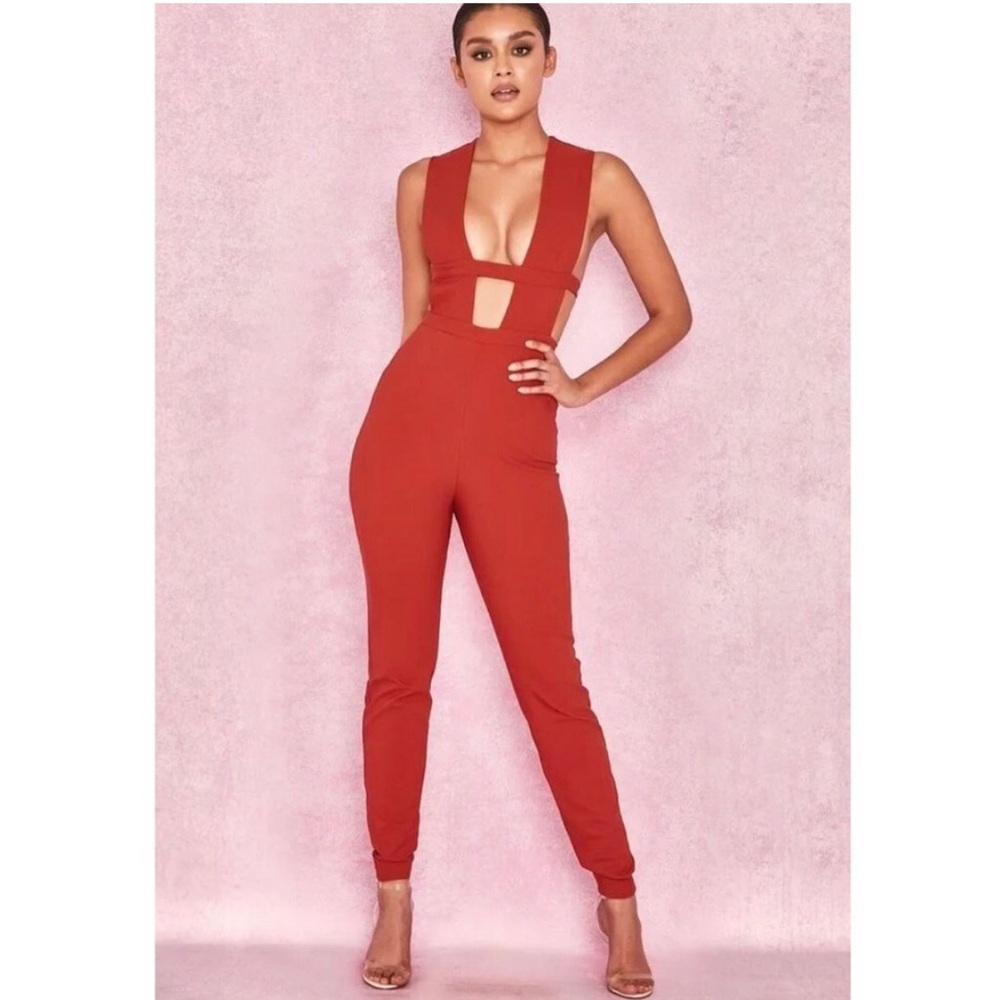 House of CB Rust Orange Cutout Plunge Jumpsuit